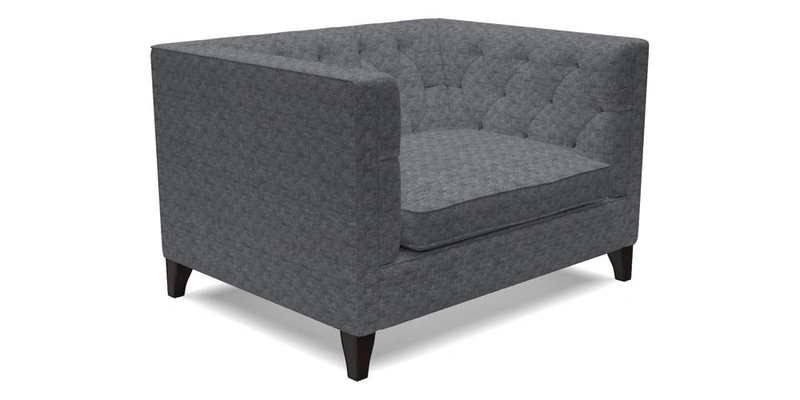 Haresfield Snuggler Dipped Arms in Mohair Lichen Seat Cushion in RHS Gertrude Jekyll Meadow Flower Olive and Scatters in RHS Gertrude Jekyll Folklore Olive