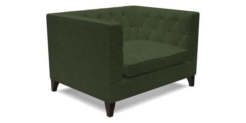 Haresfield Snuggler Dipped Arms in Mohair Lichen Seat Cushion in RHS Gertrude Jekyll Meadow Flower Olive and Scatters in RHS Gertrude Jekyll Folklore Olive