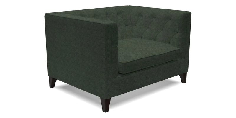 Haresfield Snuggler Dipped Arms in Mohair Lichen Seat Cushion in RHS Gertrude Jekyll Meadow Flower Olive and Scatters in RHS Gertrude Jekyll Folklore Olive