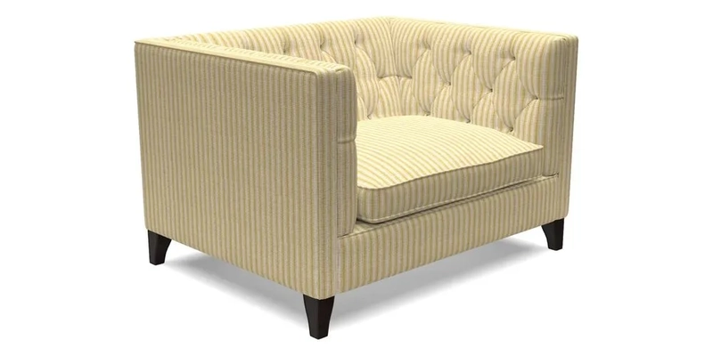 Haresfield Snuggler Dipped Arms in Mohair Lichen Seat Cushion in RHS Gertrude Jekyll Meadow Flower Olive and Scatters in RHS Gertrude Jekyll Folklore Olive