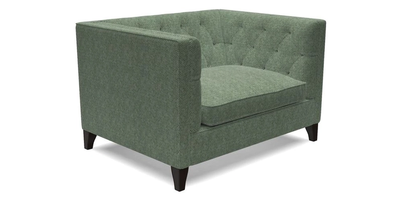 Haresfield Snuggler Dipped Arms in Mohair Lichen Seat Cushion in RHS Gertrude Jekyll Meadow Flower Olive and Scatters in RHS Gertrude Jekyll Folklore Olive