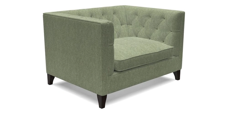 Haresfield Snuggler Dipped Arms in Mohair Lichen Seat Cushion in RHS Gertrude Jekyll Meadow Flower Olive and Scatters in RHS Gertrude Jekyll Folklore Olive