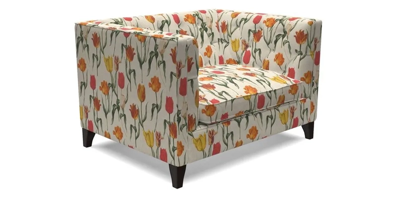 Haresfield Snuggler Dipped Arms in Mohair Lichen Seat Cushion in RHS Gertrude Jekyll Meadow Flower Olive and Scatters in RHS Gertrude Jekyll Folklore Olive