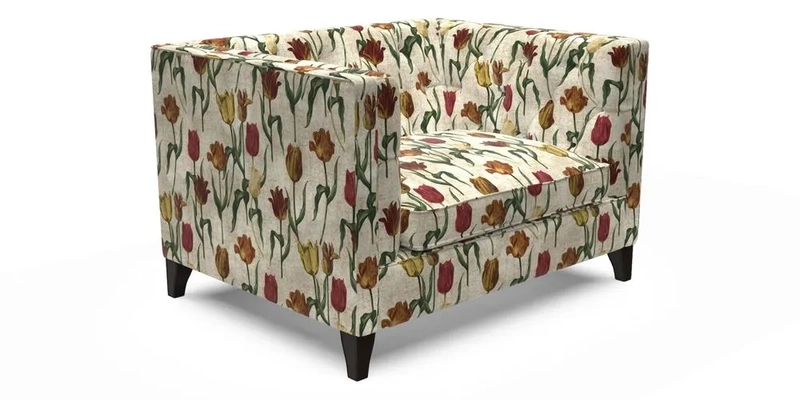 Haresfield Snuggler Dipped Arms in Mohair Lichen Seat Cushion in RHS Gertrude Jekyll Meadow Flower Olive and Scatters in RHS Gertrude Jekyll Folklore Olive