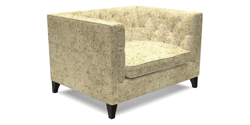 Haresfield Snuggler Dipped Arms in Mohair Lichen Seat Cushion in RHS Gertrude Jekyll Meadow Flower Olive and Scatters in RHS Gertrude Jekyll Folklore Olive