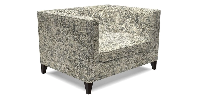 Haresfield Snuggler Dipped Arms in Mohair Lichen Seat Cushion in RHS Gertrude Jekyll Meadow Flower Olive and Scatters in RHS Gertrude Jekyll Folklore Olive