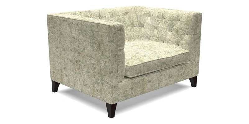 Haresfield Snuggler Dipped Arms in Mohair Lichen Seat Cushion in RHS Gertrude Jekyll Meadow Flower Olive and Scatters in RHS Gertrude Jekyll Folklore Olive