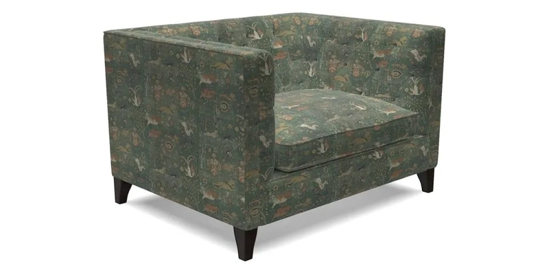 Haresfield Snuggler Dipped Arms in Mohair Lichen Seat Cushion in RHS Gertrude Jekyll Meadow Flower Olive and Scatters in RHS Gertrude Jekyll Folklore Olive