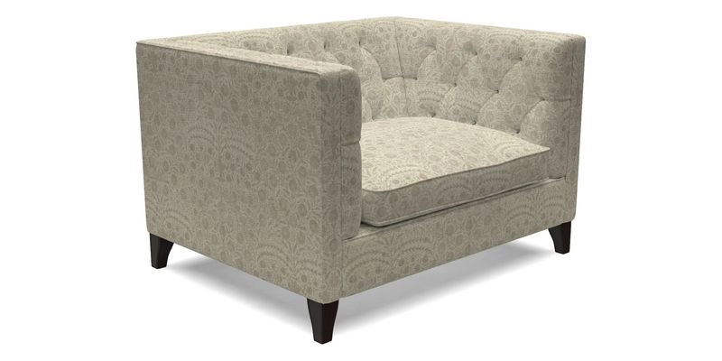 Haresfield Snuggler Dipped Arms in Mohair Lichen Seat Cushion in RHS Gertrude Jekyll Meadow Flower Olive and Scatters in RHS Gertrude Jekyll Folklore Olive