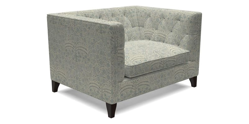 Haresfield Snuggler Dipped Arms in Mohair Lichen Seat Cushion in RHS Gertrude Jekyll Meadow Flower Olive and Scatters in RHS Gertrude Jekyll Folklore Olive