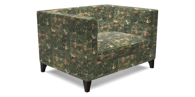 Haresfield Snuggler Dipped Arms in Mohair Lichen Seat Cushion in RHS Gertrude Jekyll Meadow Flower Olive and Scatters in RHS Gertrude Jekyll Folklore Olive