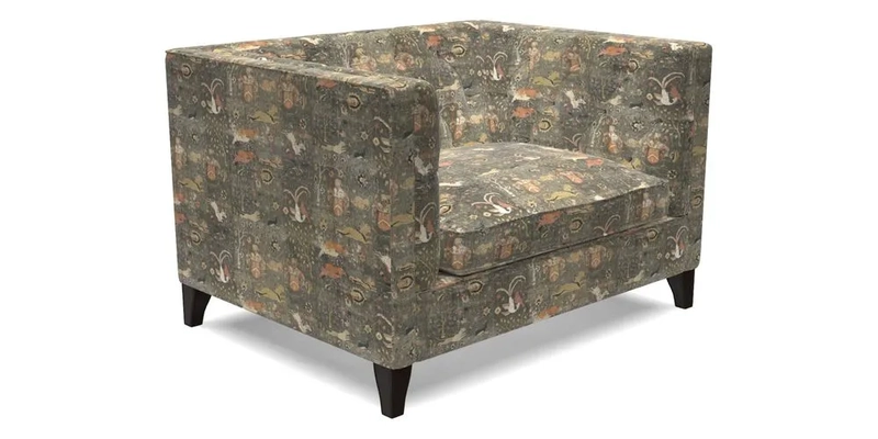 Haresfield Snuggler Dipped Arms in Mohair Lichen Seat Cushion in RHS Gertrude Jekyll Meadow Flower Olive and Scatters in RHS Gertrude Jekyll Folklore Olive