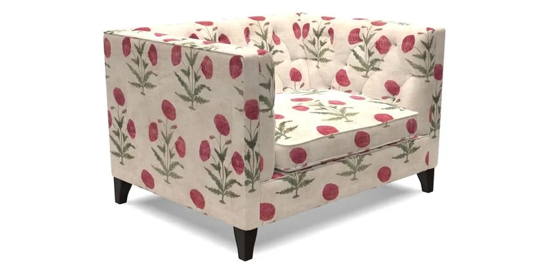 Haresfield Snuggler Dipped Arms in Mohair Lichen Seat Cushion in RHS Gertrude Jekyll Meadow Flower Olive and Scatters in RHS Gertrude Jekyll Folklore Olive