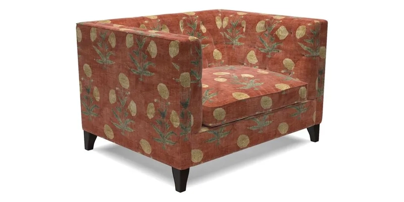 Haresfield Snuggler Dipped Arms in Mohair Lichen Seat Cushion in RHS Gertrude Jekyll Meadow Flower Olive and Scatters in RHS Gertrude Jekyll Folklore Olive