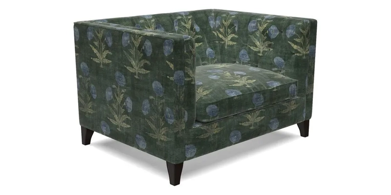 Haresfield Snuggler Dipped Arms in Mohair Lichen Seat Cushion in RHS Gertrude Jekyll Meadow Flower Olive and Scatters in RHS Gertrude Jekyll Folklore Olive