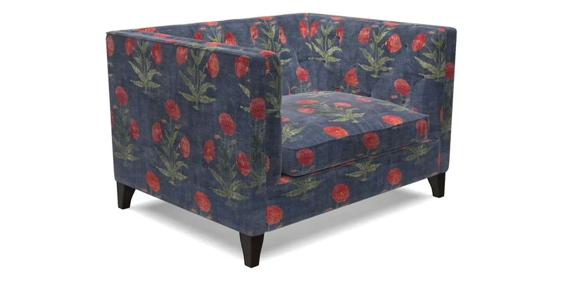 Haresfield Snuggler Dipped Arms in Mohair Lichen Seat Cushion in RHS Gertrude Jekyll Meadow Flower Olive and Scatters in RHS Gertrude Jekyll Folklore Olive