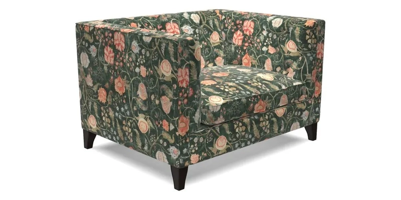 Haresfield Snuggler Dipped Arms in Mohair Lichen Seat Cushion in RHS Gertrude Jekyll Meadow Flower Olive and Scatters in RHS Gertrude Jekyll Folklore Olive