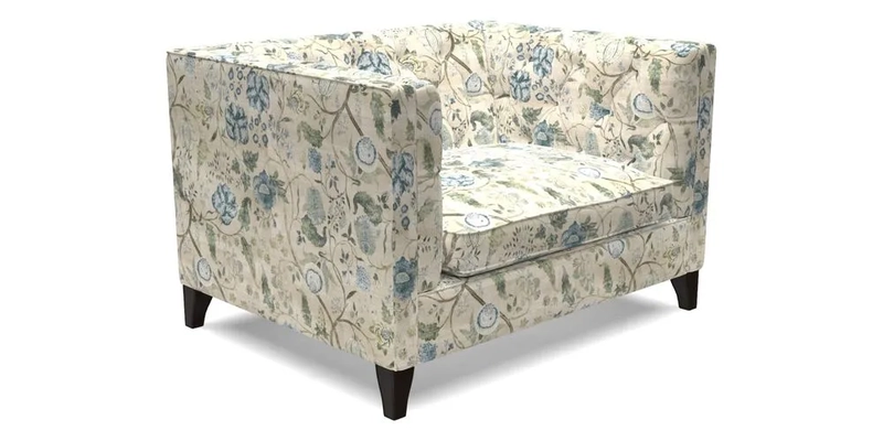 Haresfield Snuggler Dipped Arms in Mohair Lichen Seat Cushion in RHS Gertrude Jekyll Meadow Flower Olive and Scatters in RHS Gertrude Jekyll Folklore Olive