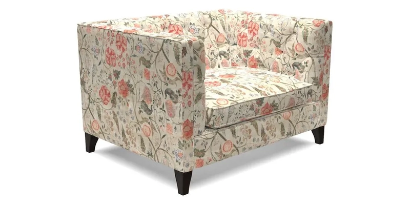 Haresfield Snuggler Dipped Arms in Mohair Lichen Seat Cushion in RHS Gertrude Jekyll Meadow Flower Olive and Scatters in RHS Gertrude Jekyll Folklore Olive