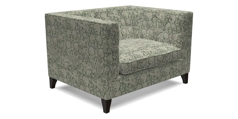 Haresfield Snuggler Dipped Arms in Mohair Lichen Seat Cushion in RHS Gertrude Jekyll Meadow Flower Olive and Scatters in RHS Gertrude Jekyll Folklore Olive