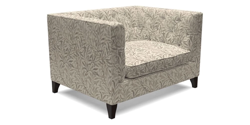 Haresfield Snuggler Dipped Arms in Mohair Lichen Seat Cushion in RHS Gertrude Jekyll Meadow Flower Olive and Scatters in RHS Gertrude Jekyll Folklore Olive