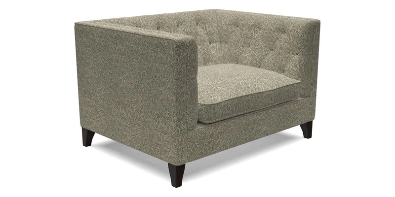 Haresfield Snuggler Dipped Arms in Mohair Lichen Seat Cushion in RHS Gertrude Jekyll Meadow Flower Olive and Scatters in RHS Gertrude Jekyll Folklore Olive