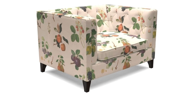 Haresfield Snuggler Dipped Arms in Mohair Lichen Seat Cushion in RHS Gertrude Jekyll Meadow Flower Olive and Scatters in RHS Gertrude Jekyll Folklore Olive