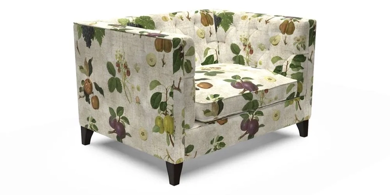 Haresfield Snuggler Dipped Arms in Mohair Lichen Seat Cushion in RHS Gertrude Jekyll Meadow Flower Olive and Scatters in RHS Gertrude Jekyll Folklore Olive