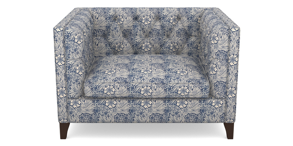 Product photograph of Haresfield Snuggler In William Morris Collection - Marigold - Indigo Linen from Sofas and Stuff Limited