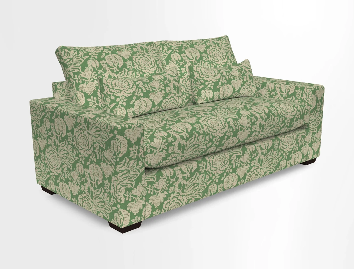 Linear 4 seater sofa in Harpers Bazaar Palette Studio Green with seat cushion in Linwood Romney Wool Forest