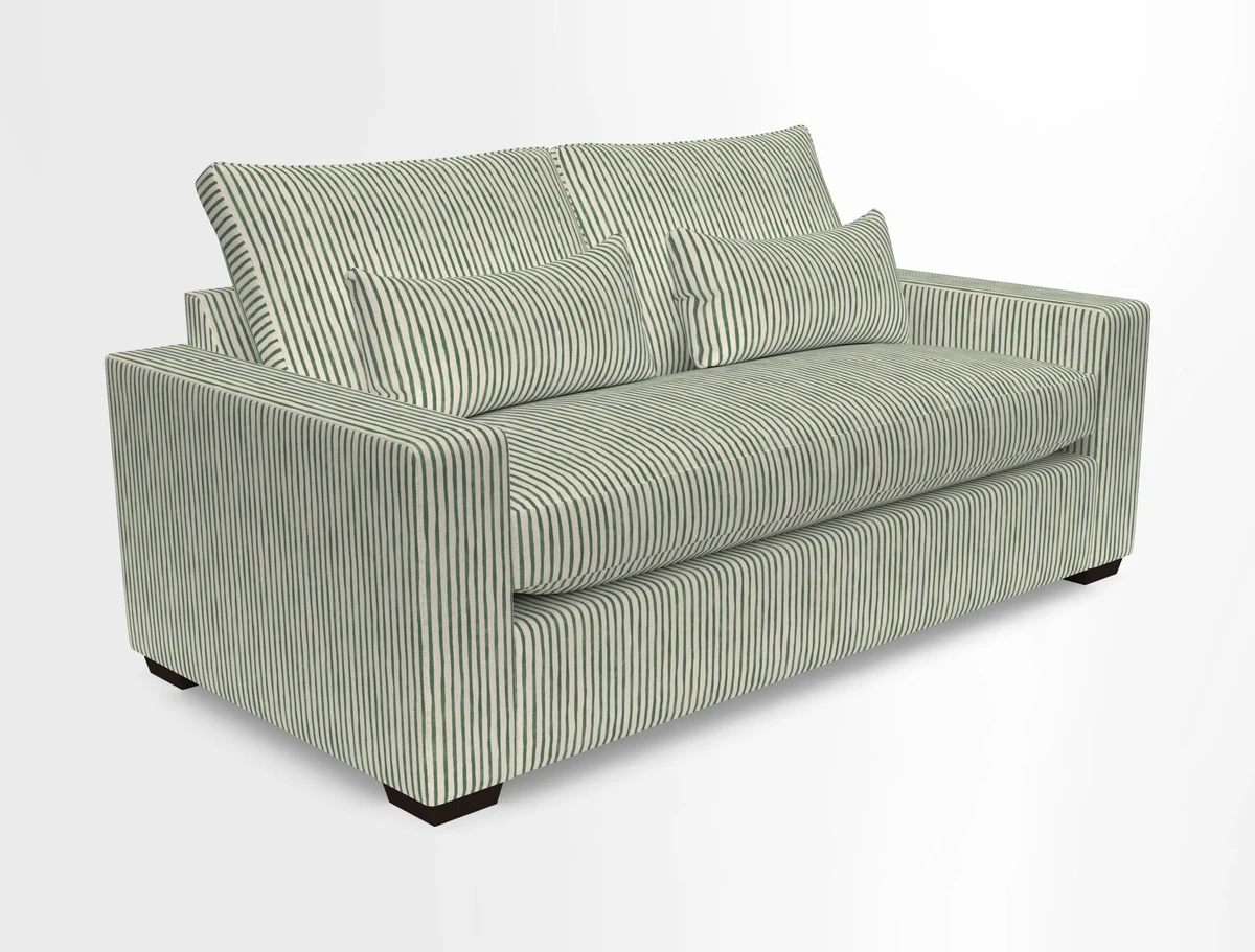 Linear 4 seater sofa in Harpers Bazaar Palette Studio Green with seat cushion in Linwood Romney Wool Forest