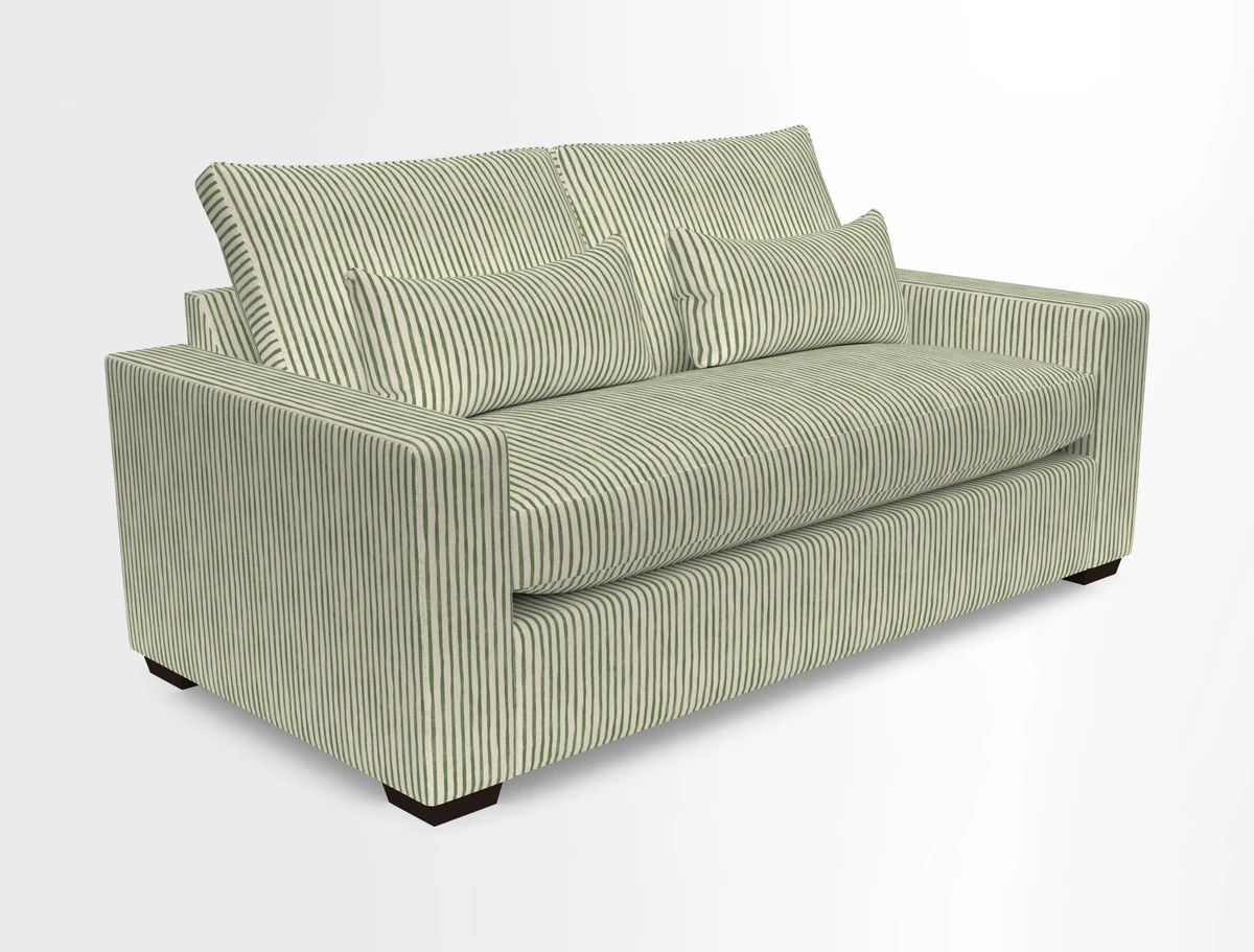 Linear 4 seater sofa in Harpers Bazaar Palette Studio Green with seat cushion in Linwood Romney Wool Forest