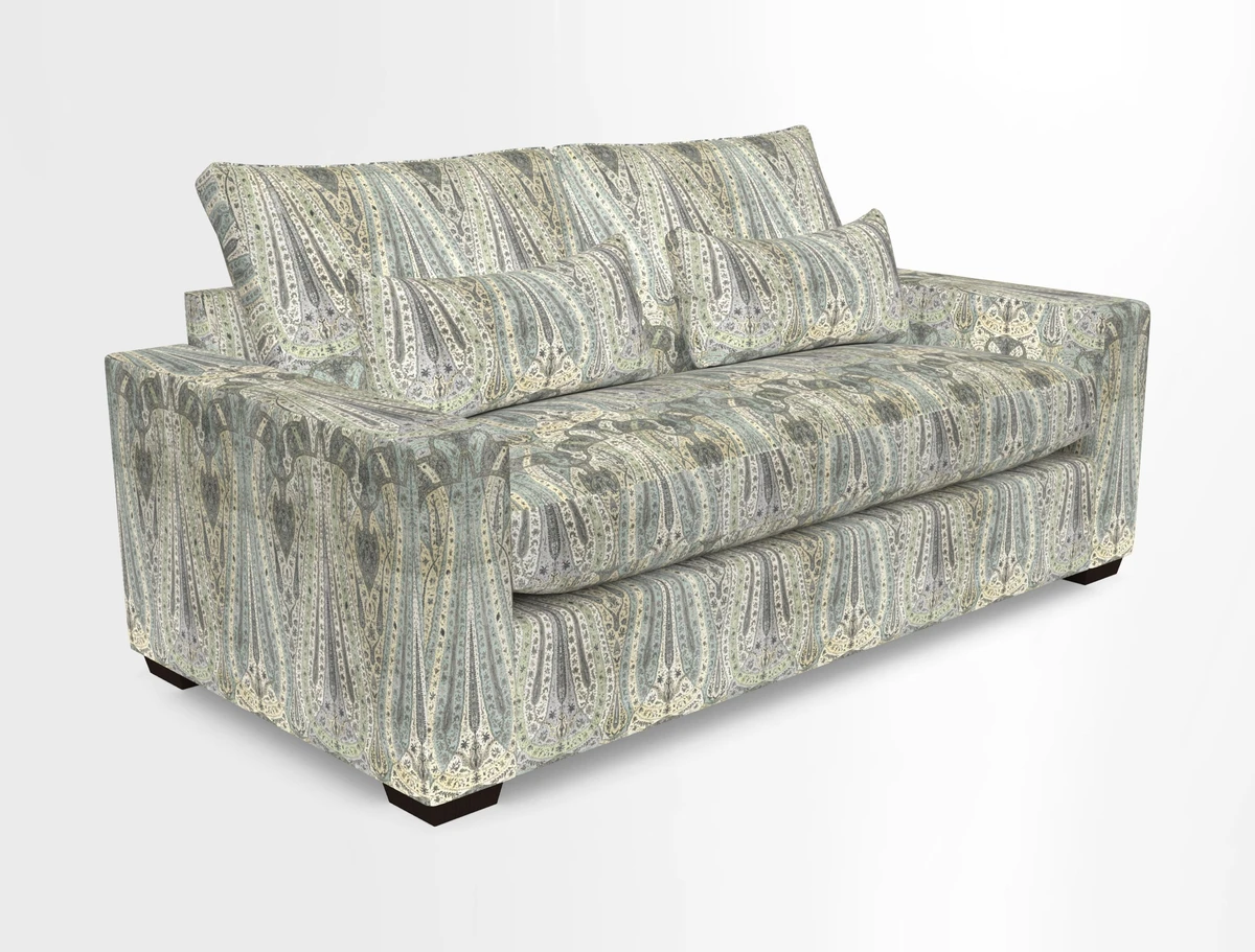 Linear 4 seater sofa in Harpers Bazaar Palette Studio Green with seat cushion in Linwood Romney Wool Forest