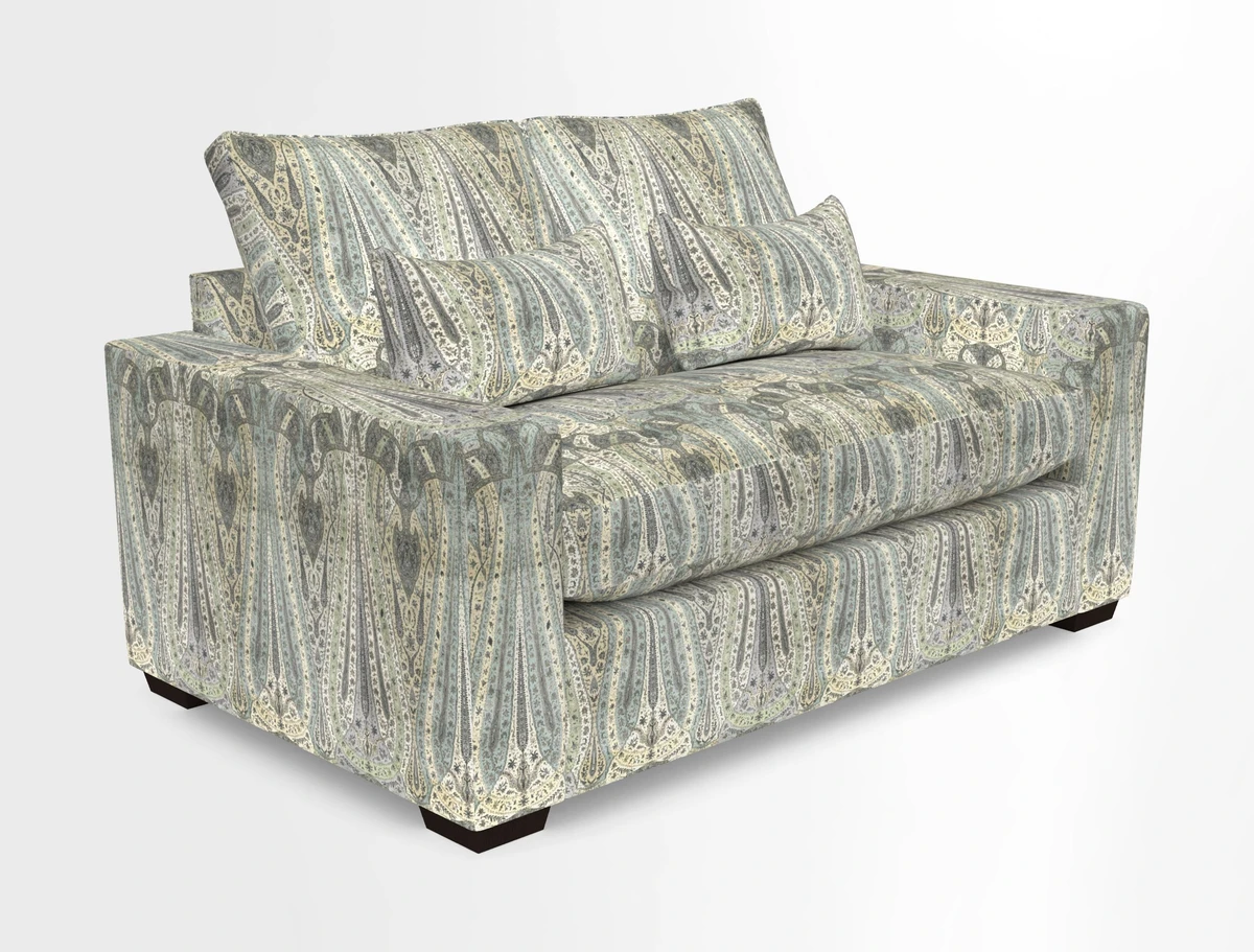 Linear 4 seater sofa in Harpers Bazaar Palette Studio Green with seat cushion in Linwood Romney Wool Forest