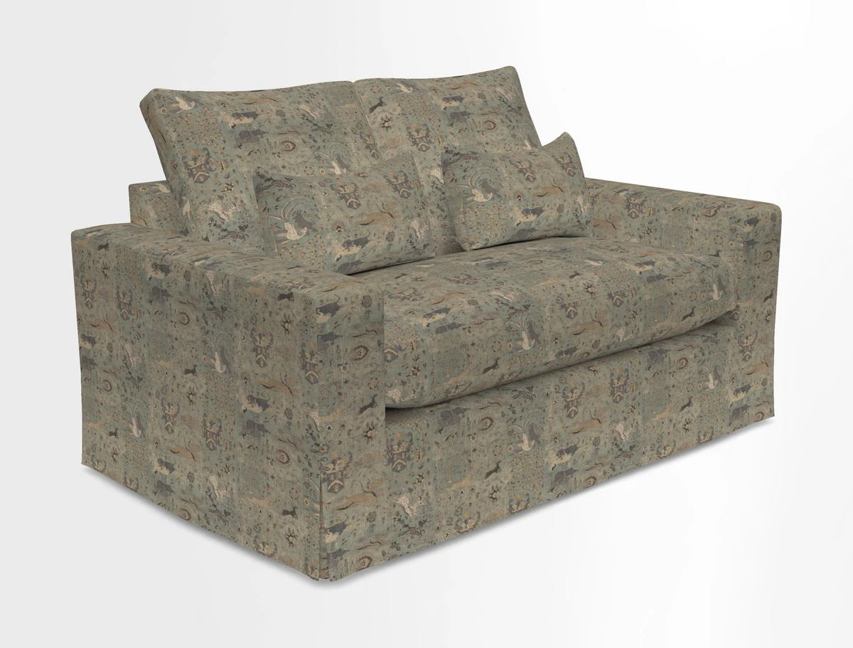 Linear 4 seater sofa in Harpers Bazaar Palette Studio Green with seat cushion in Linwood Romney Wool Forest