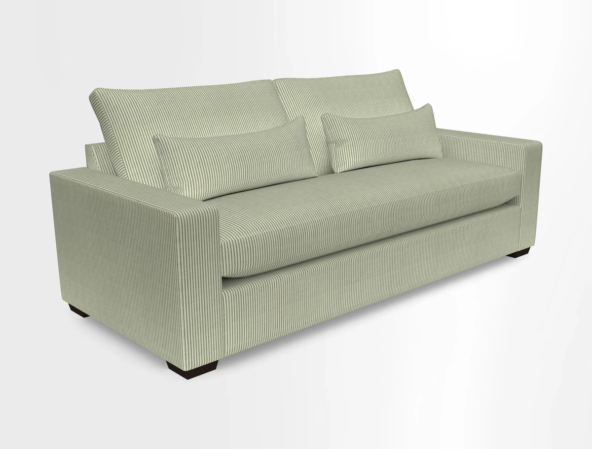 Linear 4 seater sofa in Harpers Bazaar Palette Studio Green with seat cushion in Linwood Romney Wool Forest