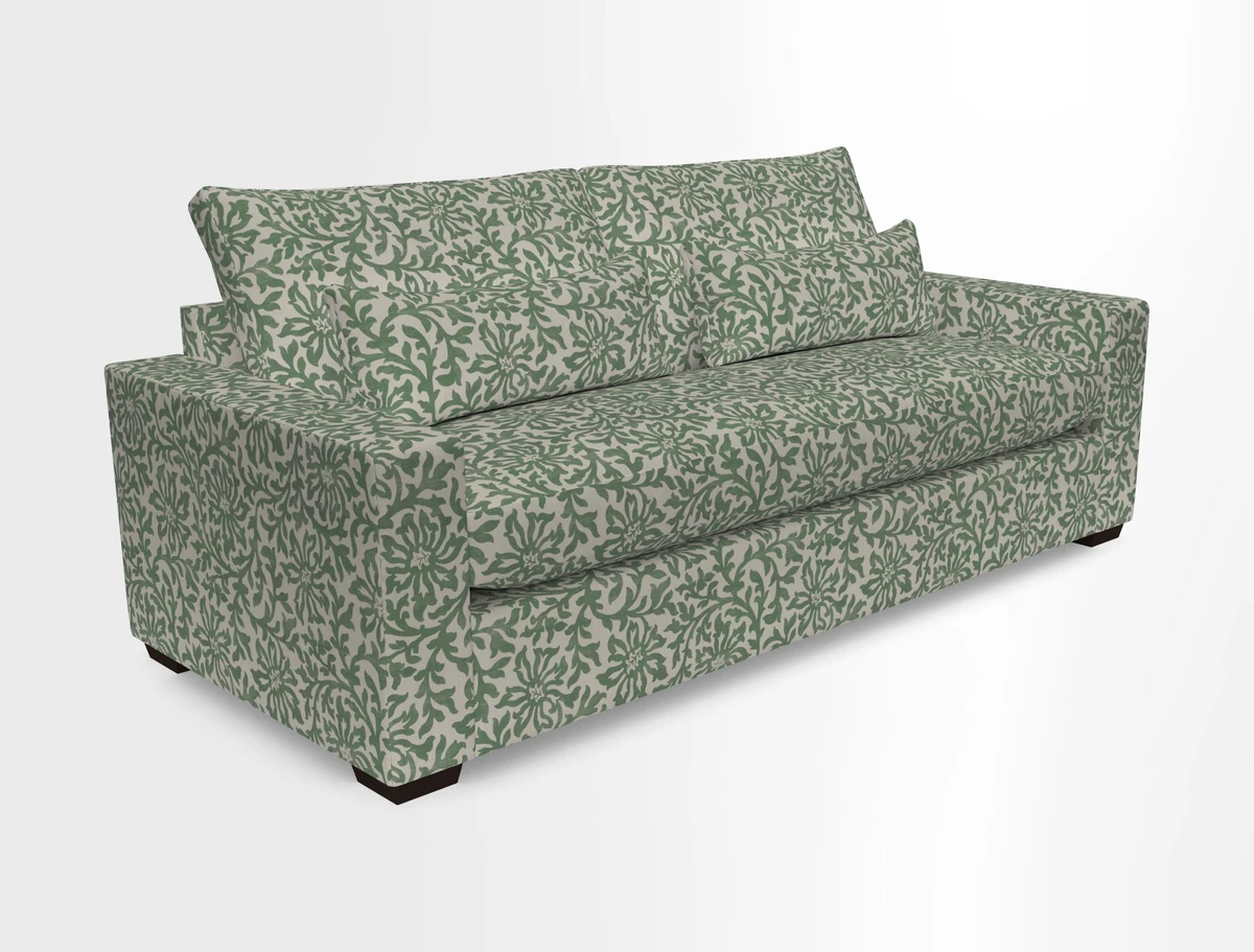 Linear 4 seater sofa in Harpers Bazaar Palette Studio Green with seat cushion in Linwood Romney Wool Forest