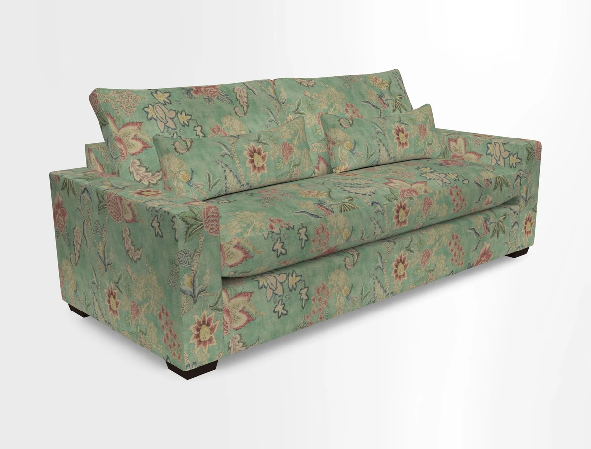 Linear 4 seater sofa in Harpers Bazaar Palette Studio Green with seat cushion in Linwood Romney Wool Forest