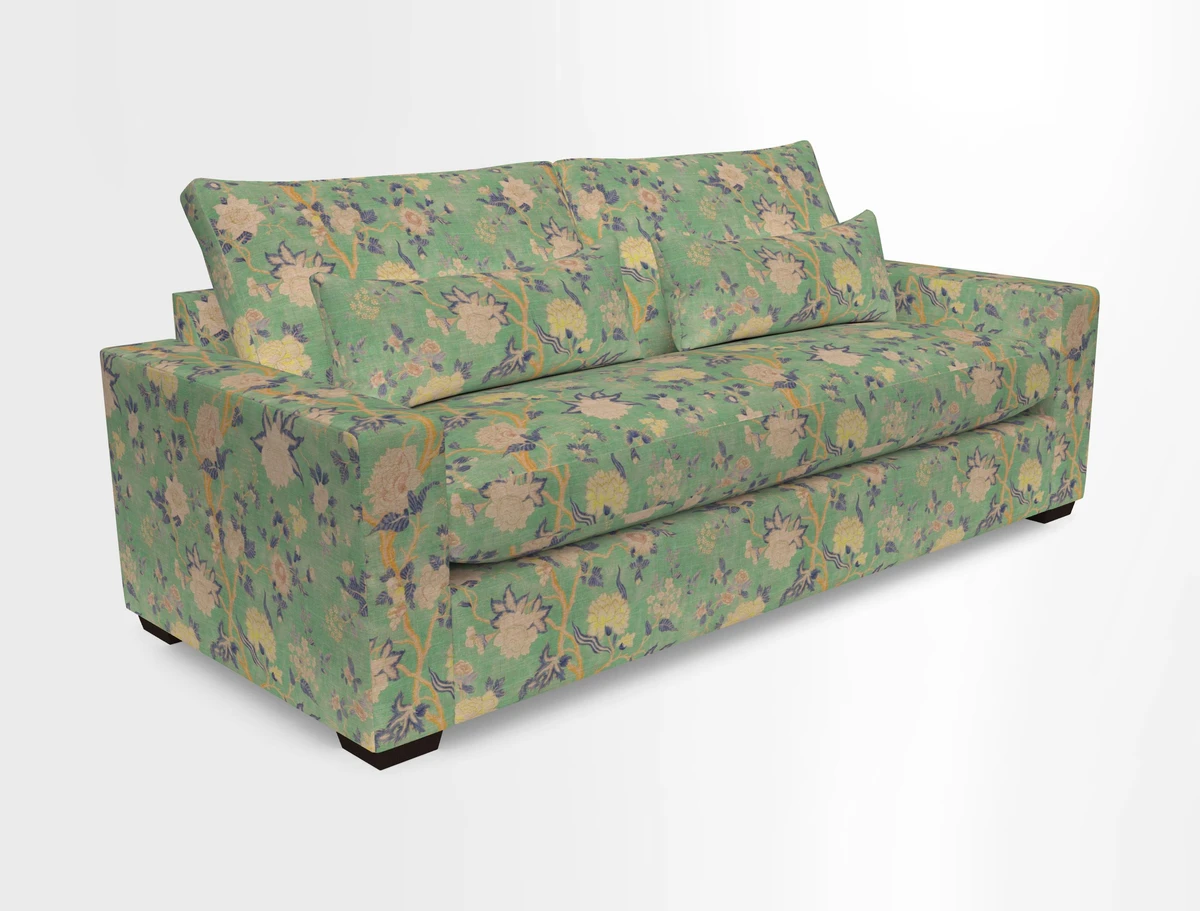 Linear 4 seater sofa in Harpers Bazaar Palette Studio Green with seat cushion in Linwood Romney Wool Forest