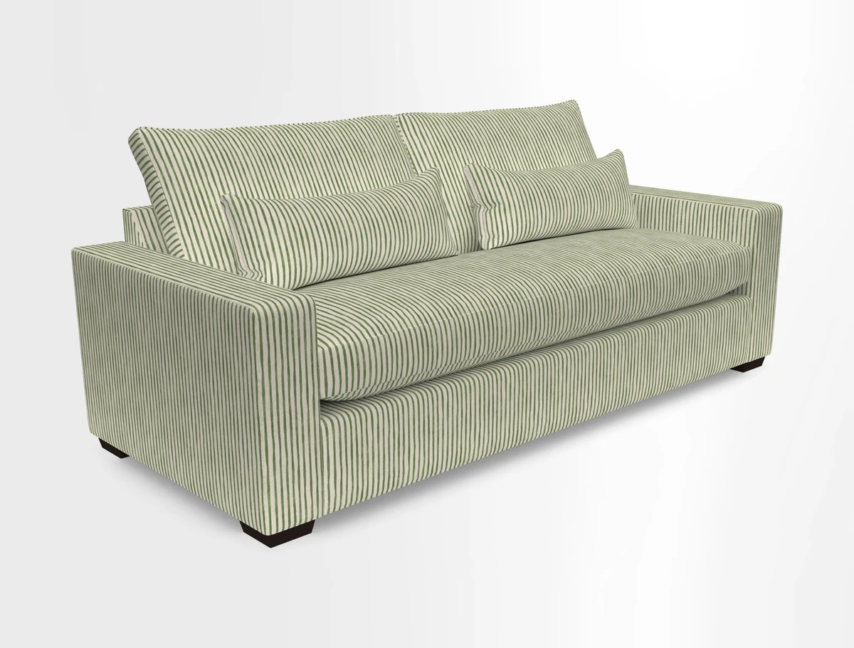 Linear 4 seater sofa in Harpers Bazaar Palette Studio Green with seat cushion in Linwood Romney Wool Forest