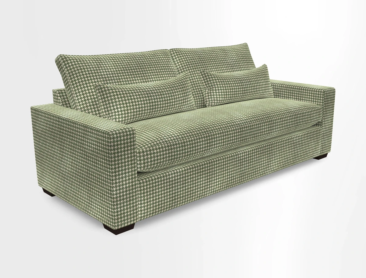Linear 4 seater sofa in Harpers Bazaar Palette Studio Green with seat cushion in Linwood Romney Wool Forest