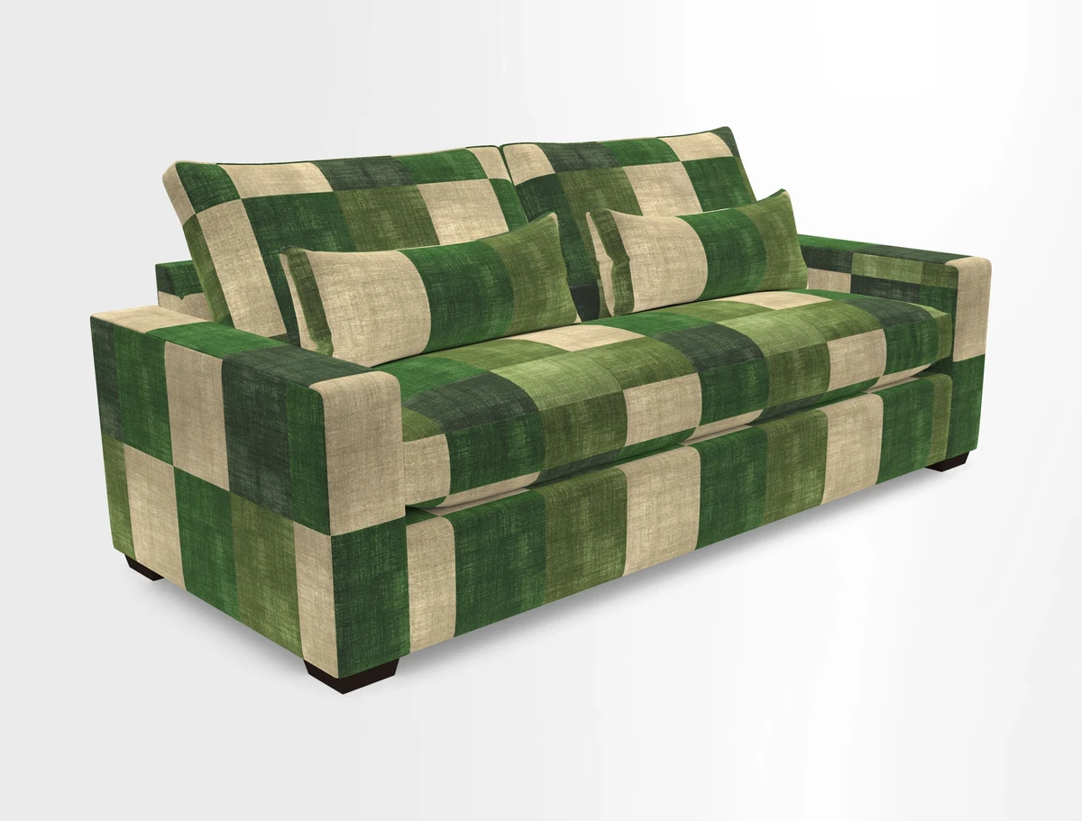 Linear 4 seater sofa in Harpers Bazaar Palette Studio Green with seat cushion in Linwood Romney Wool Forest