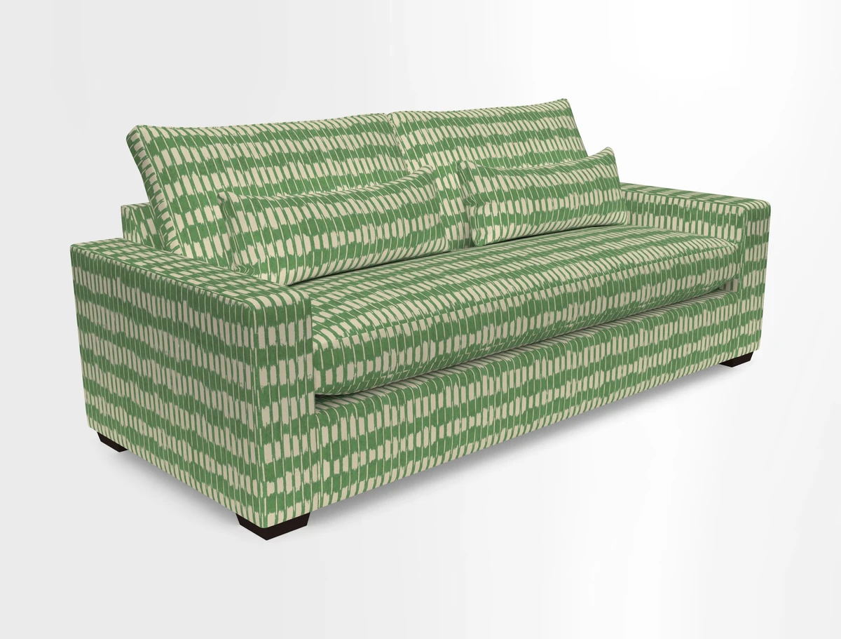 Linear 4 seater sofa in Harpers Bazaar Palette Studio Green with seat cushion in Linwood Romney Wool Forest