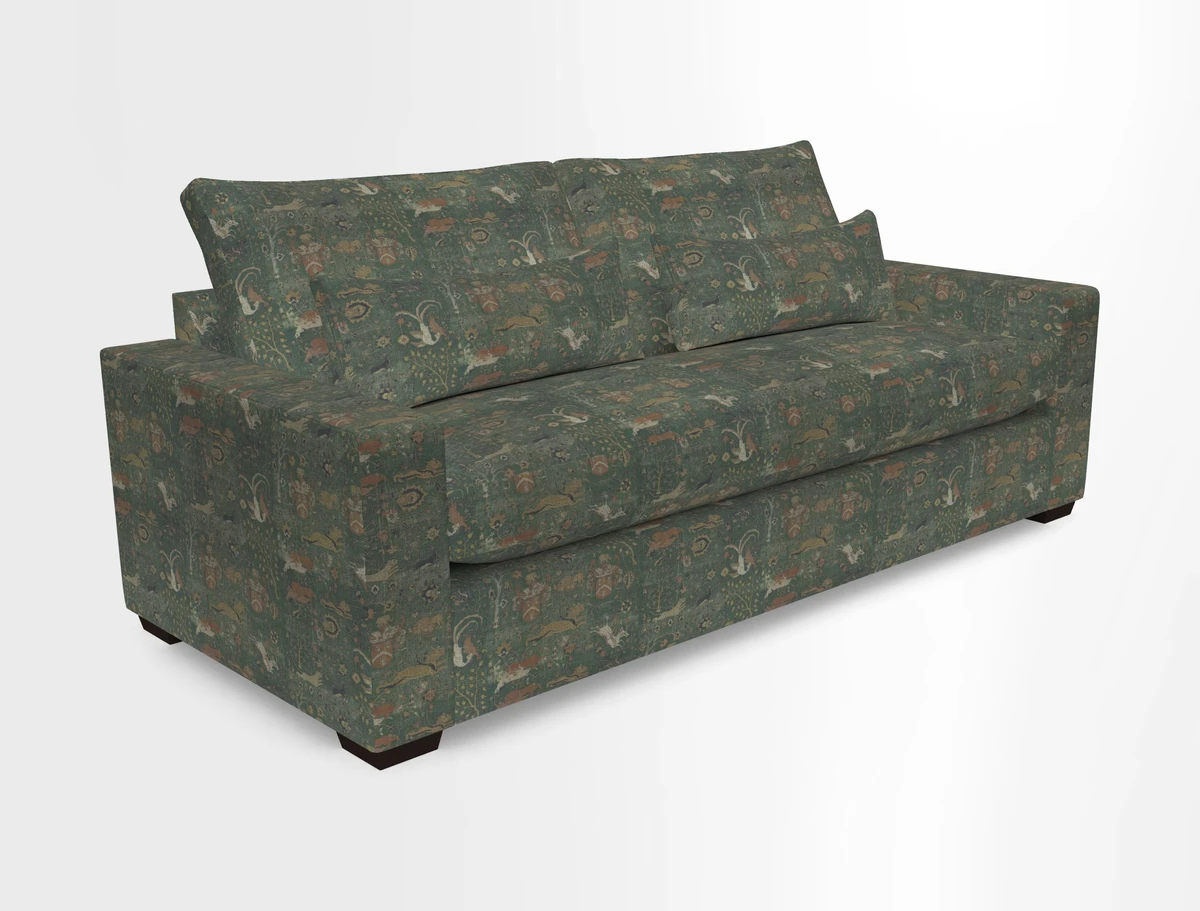 Linear 4 seater sofa in Harpers Bazaar Palette Studio Green with seat cushion in Linwood Romney Wool Forest