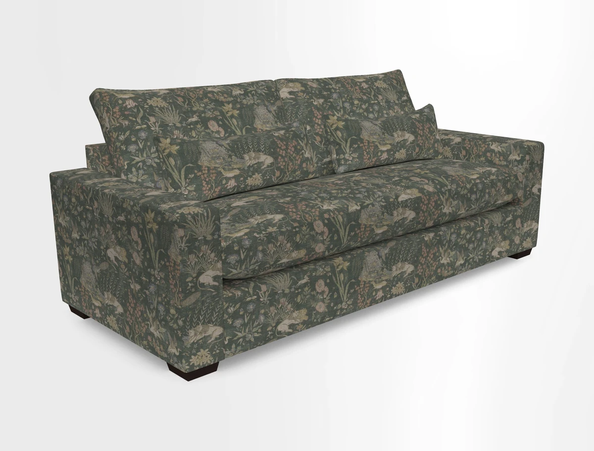 Linear 4 seater sofa in Harpers Bazaar Palette Studio Green with seat cushion in Linwood Romney Wool Forest
