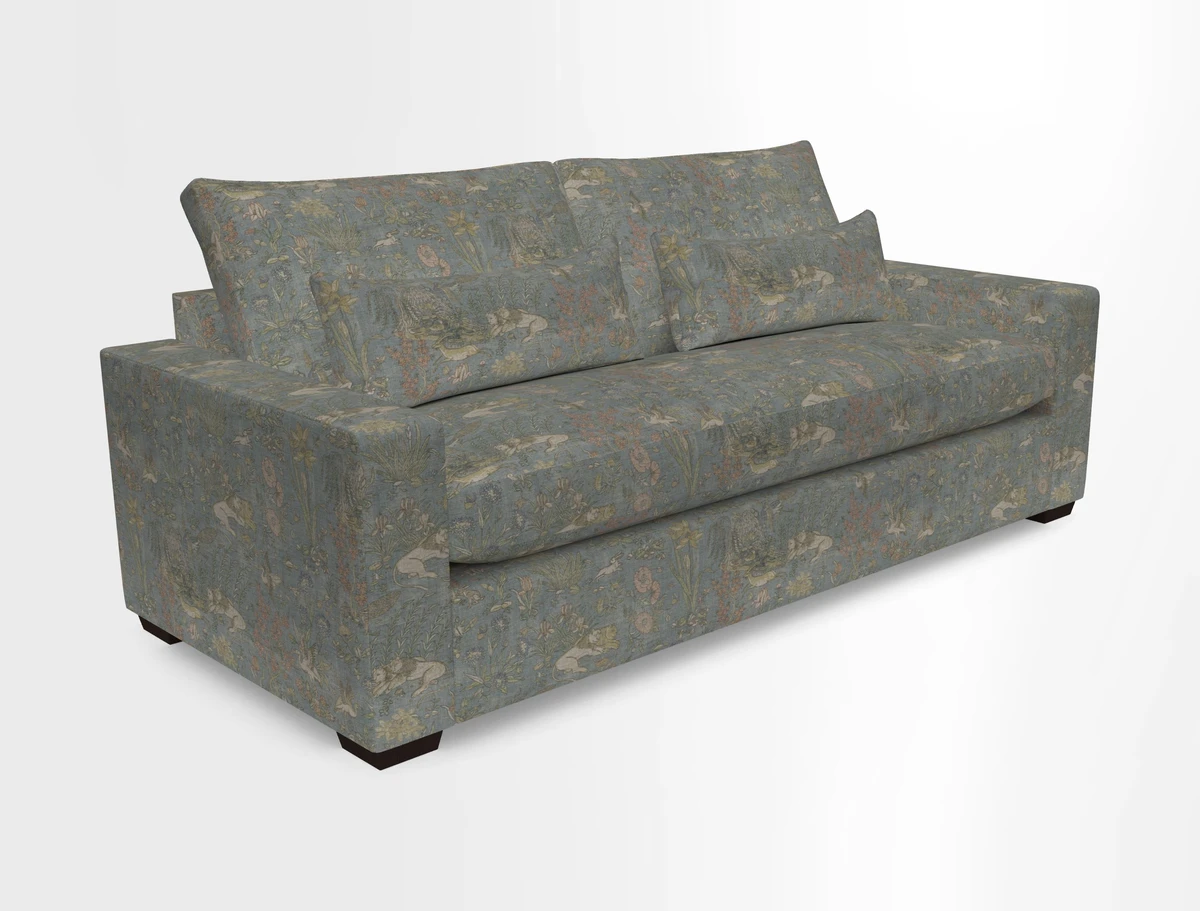 Linear 4 seater sofa in Harpers Bazaar Palette Studio Green with seat cushion in Linwood Romney Wool Forest