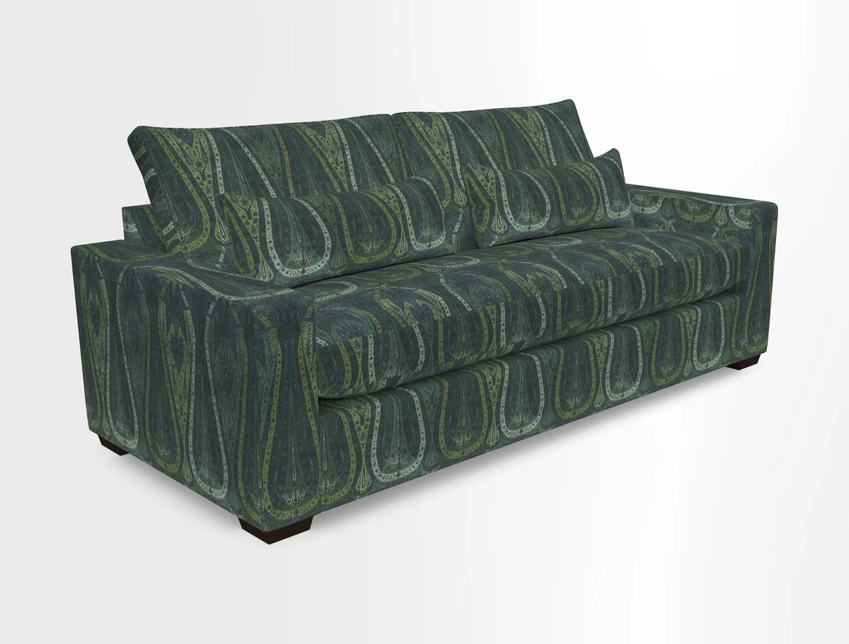 Linear 4 seater sofa in Harpers Bazaar Palette Studio Green with seat cushion in Linwood Romney Wool Forest