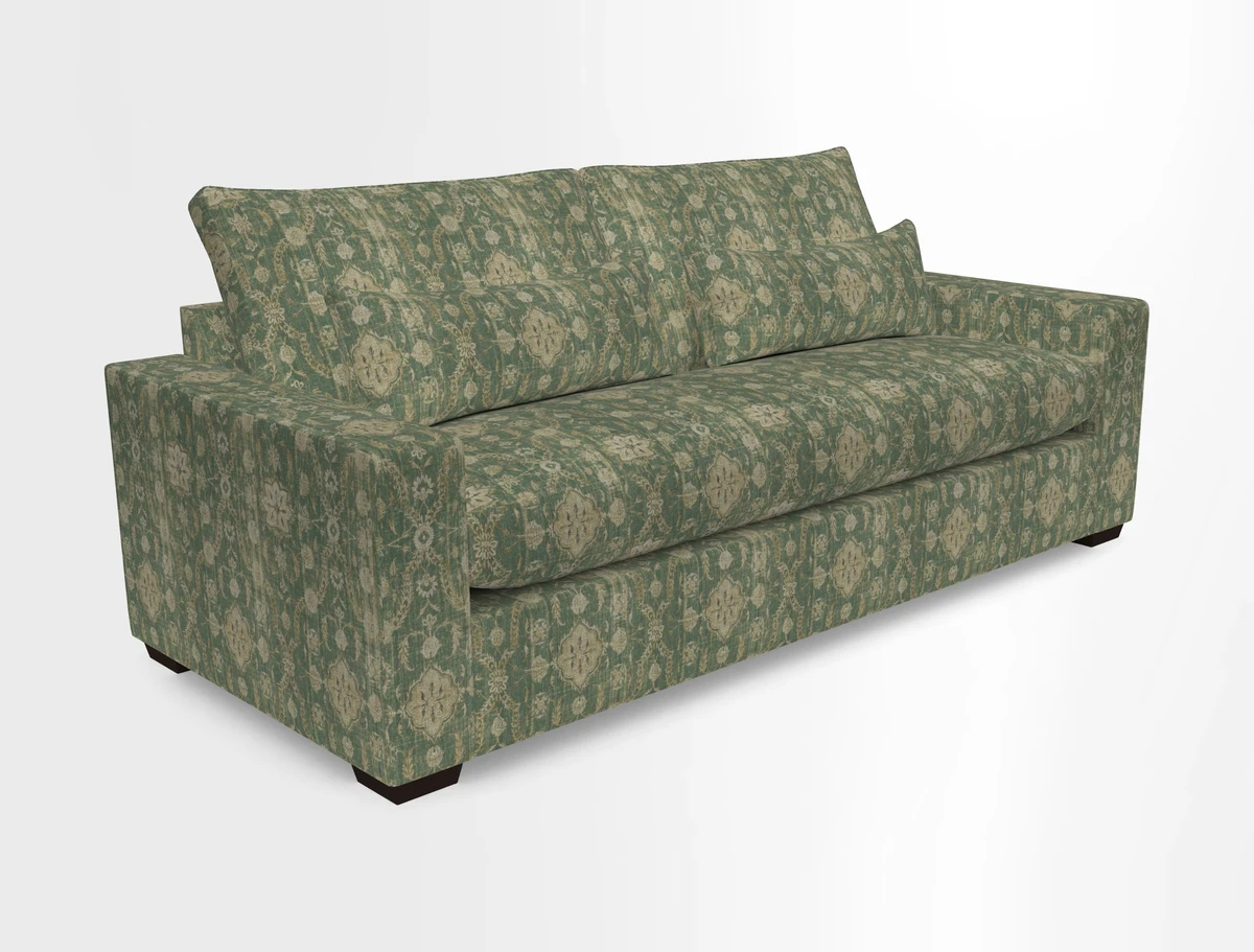 Linear 4 seater sofa in Harpers Bazaar Palette Studio Green with seat cushion in Linwood Romney Wool Forest