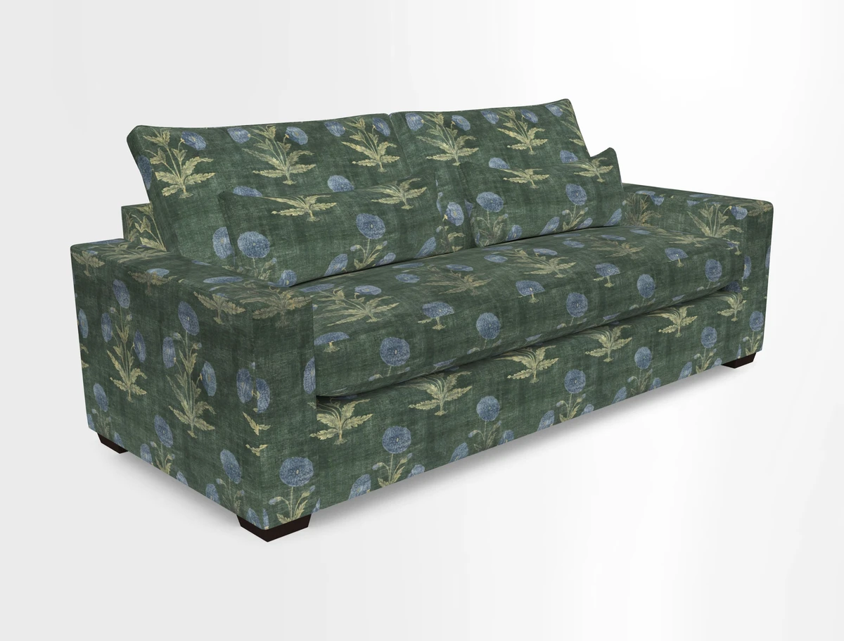 Linear 4 seater sofa in Harpers Bazaar Palette Studio Green with seat cushion in Linwood Romney Wool Forest