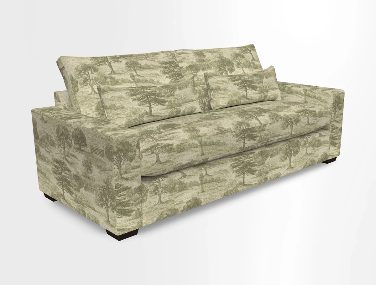 Linear 4 seater sofa in Harpers Bazaar Palette Studio Green with seat cushion in Linwood Romney Wool Forest